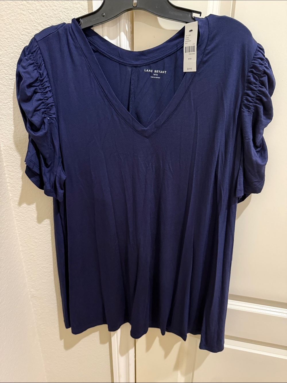 Lane Bryant Navy V-Neck Short Sleeve Ruched Swing Top 14/16